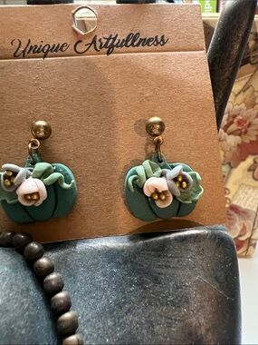 Polymer clay handmade Green Floral Pumpkin Earrings